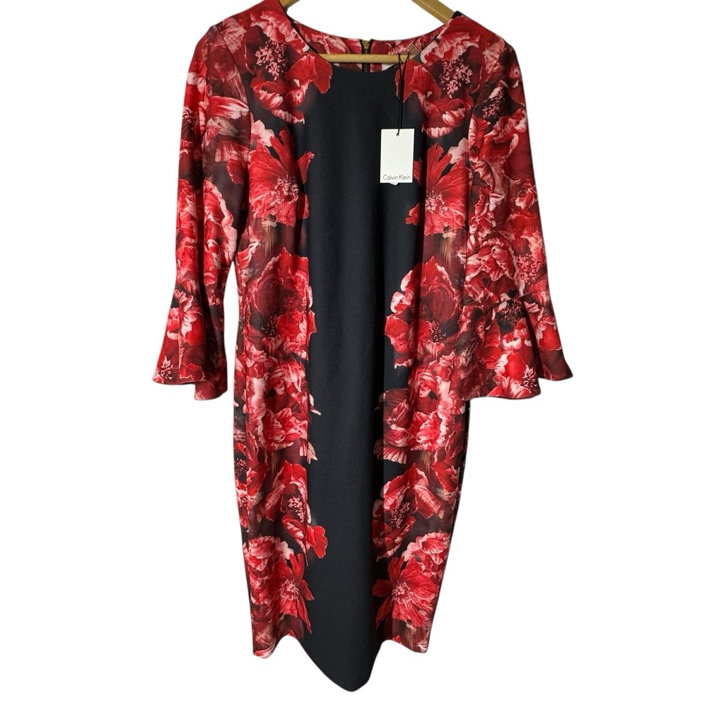 Calvin Klein Dress Size 12 Red Floral Black Bell‎ Sleeve knee length Sheath